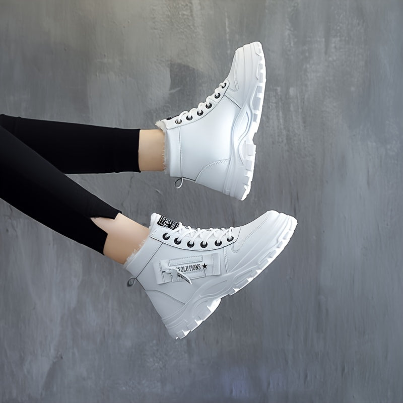 [Warm Fleece-Lined Winter Boots] Warm Fleece-Lined Women's Winter High-Top Boots - Thick Rubber Sole, Lace-Up Casual Style, White & Beige, Perfect for Cold Weather Comfort