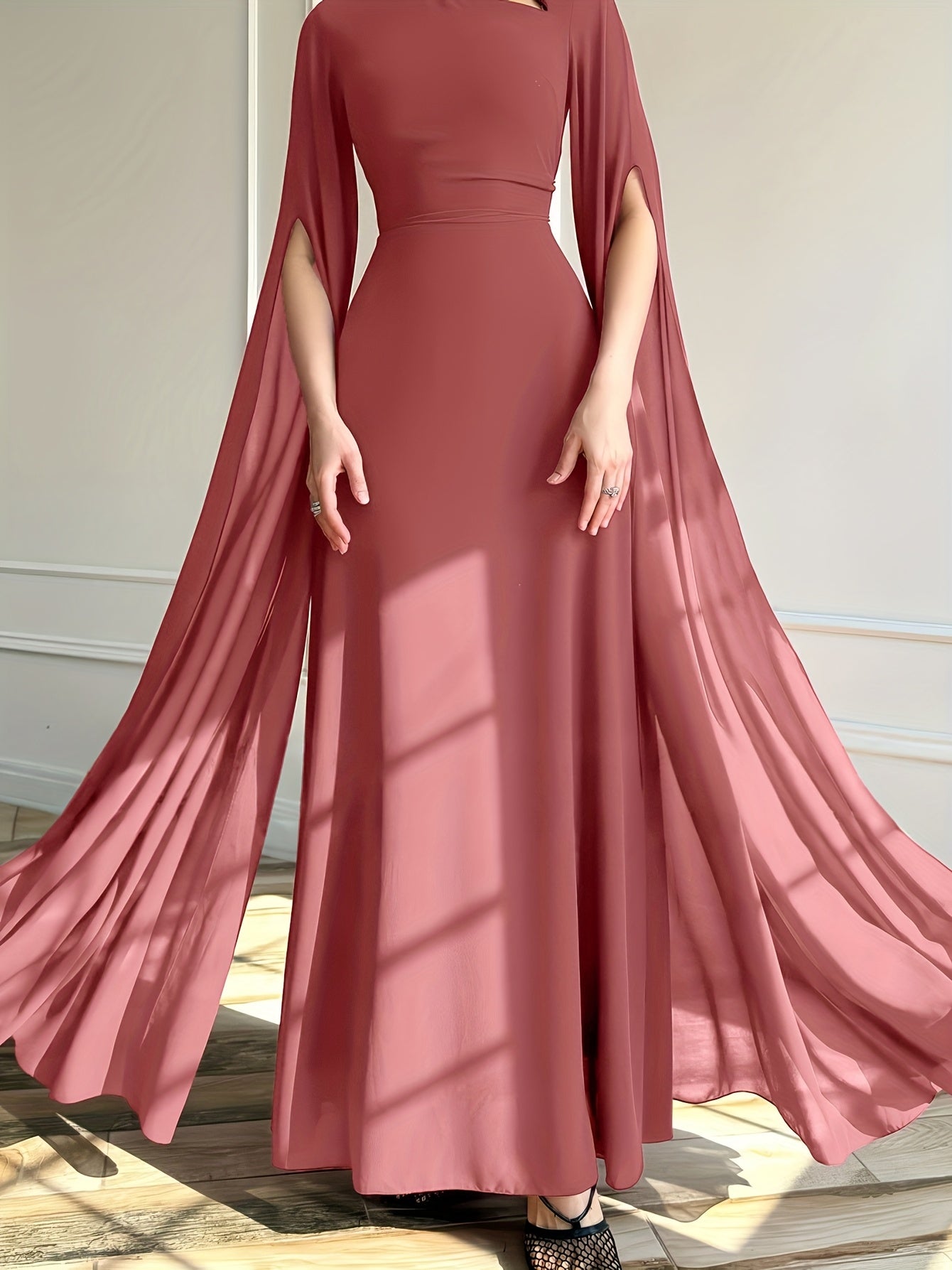 1pc Elegant Evening Long Dress with Cape Sleeves & Lace-Up Back - A-Line Stand Collar Solid Color Wedding Guest Gown, Machine Washable Spring/Summer Formal Dress for Women, Dresses for Wedding, Sophisticated Tailoring