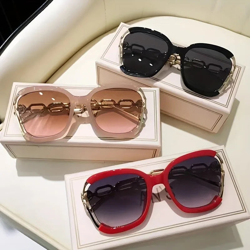 Brand Designer Oversized Square Sunglasses Women Men Stylish Metal Chain-Link Gradient Lens Sun Glasses for Ladies Driving Shade