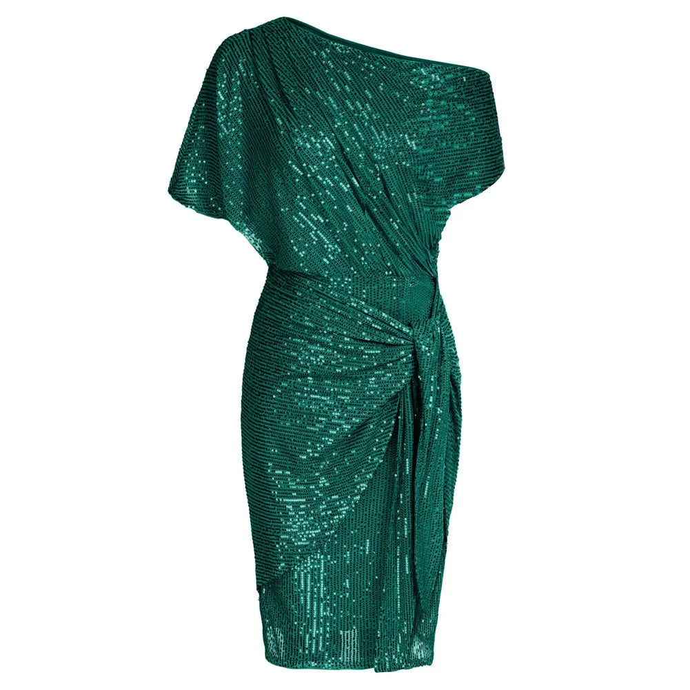 Elegant Party Dress Cocktail Dresses for Women Sequined Summer Ruched Short Sleeve Asymmetric Off Shoulder Bodycon Dress Vestido
