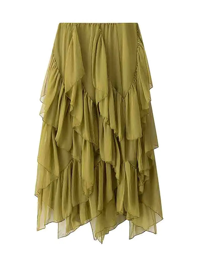 European style new women's clothing fashionable and versatile temperament simple solid color loose slim ruffled waist skirt