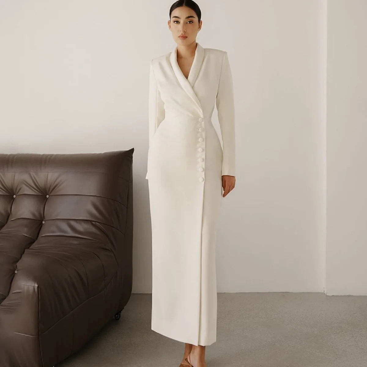 2025 Female White Dress,Spring European and American Women's  Clothing,Long Sleeve Button Dresses