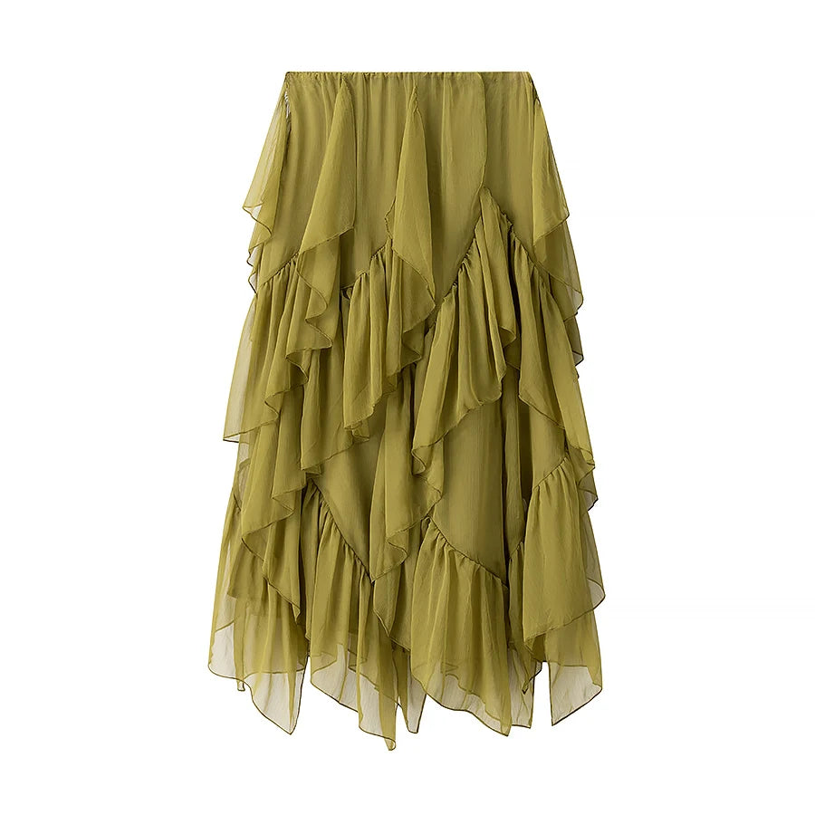 European style new women's clothing fashionable and versatile temperament simple solid color loose slim ruffled waist skirt