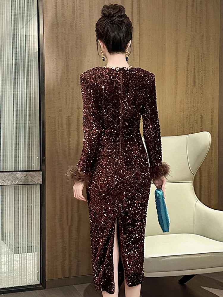 Women's Clothing Luxury Retro Prom Dress Female Elegant Elastic Velvet Fur Long Sleeve Bodyocn Robe Lady Cocktail Party Vestidos