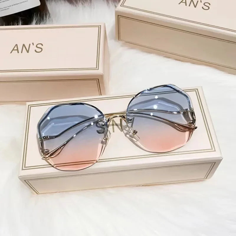 Fashion Rimless Sunglasses for Women/Men Colour Polygonal Large Frame Gradient Sunscreen Eyeglasses Очки Солнечные Женские