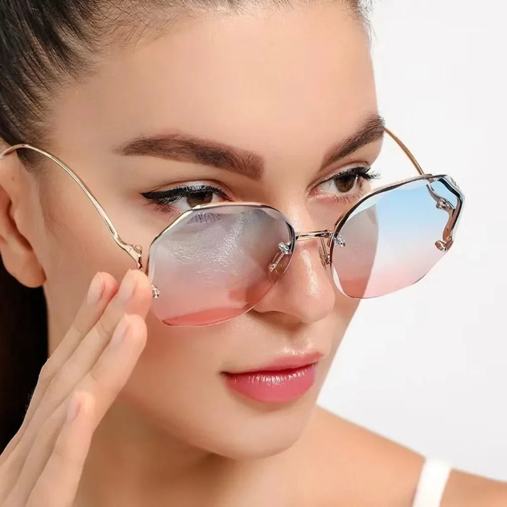 Fashion Rimless Sunglasses for Women/Men Colour Polygonal Large Frame Gradient Sunscreen Eyeglasses Очки Солнечные Женские