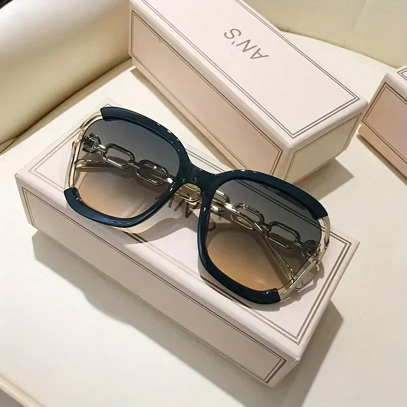 Brand Designer Oversized Square Sunglasses Women Men Stylish Metal Chain-Link Gradient Lens Sun Glasses for Ladies Driving Shade