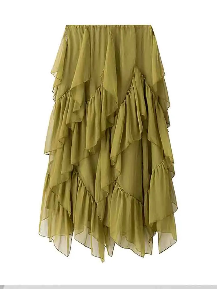 European style new women's clothing fashionable and versatile temperament simple solid color loose slim ruffled waist skirt
