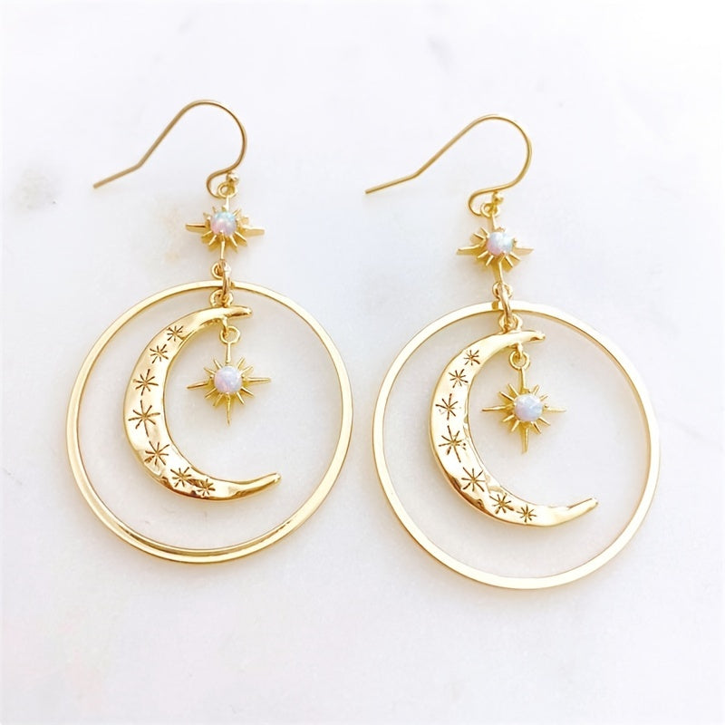 [Moon Earrings] Golden-Tone Boho-Chic Moonstone Dangle Earrings for Women - Crescent Moon with Star Motifs, Zinc Alloy, Perfect for Daily Wear & Parties