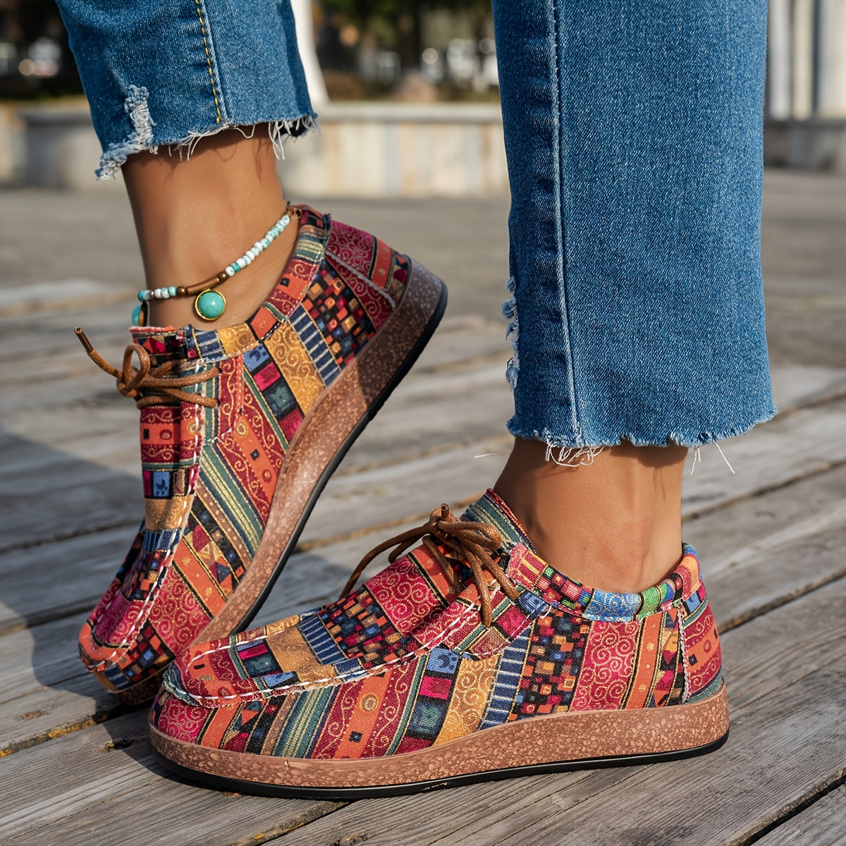 BYZI Women's Lightweight Mosaic Pattern Slip-Resistant Arch Sneakers - Vibrant Multicolor Ethnic Design (Turquoise/Pink/Orange/Blue/Black/Red/Golden/Brown) - All-Season Casual & Semi-Formal Shoes with Cushioned Insole & PU So
