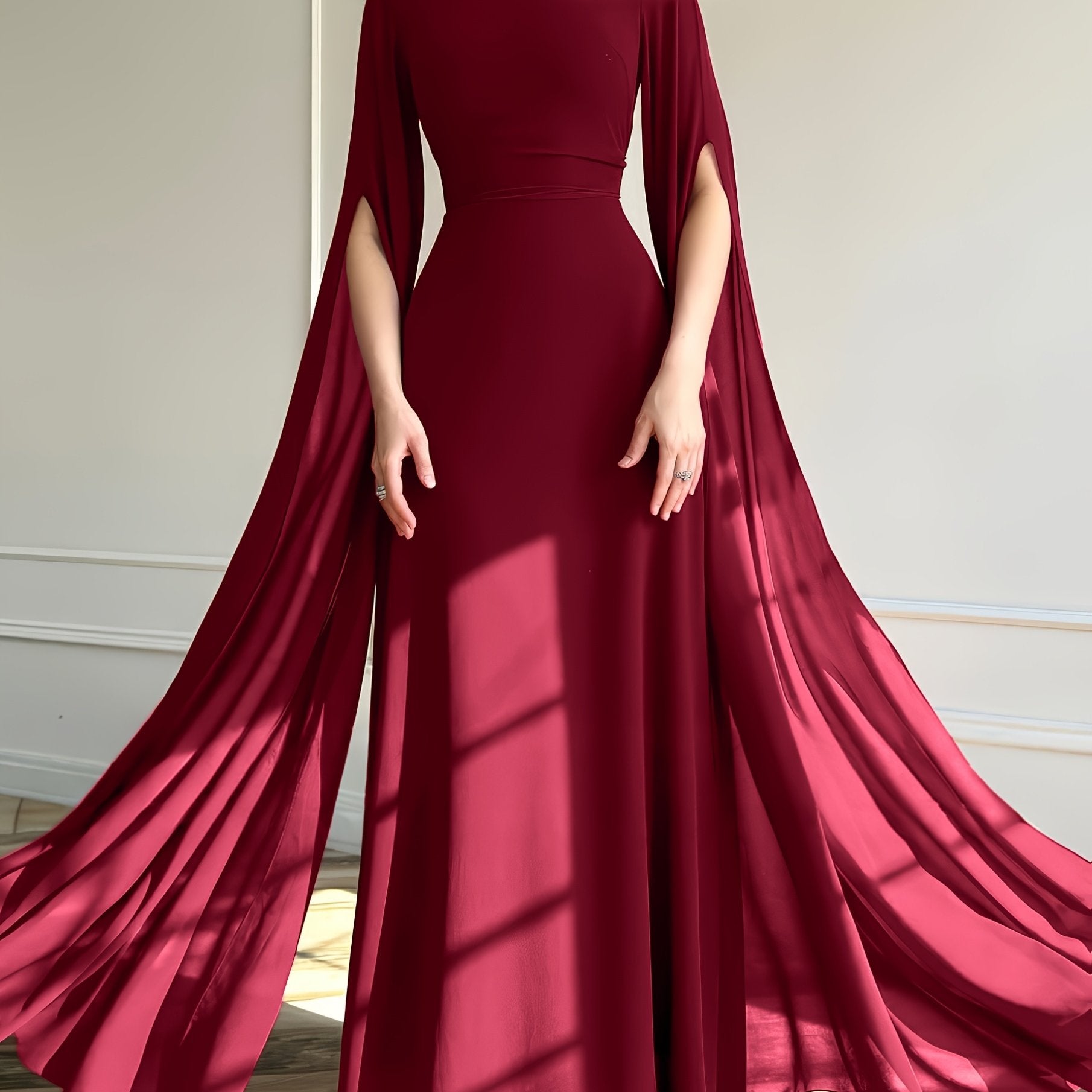 1pc Elegant Evening Long Dress with Cape Sleeves & Lace-Up Back - A-Line Stand Collar Solid Color Wedding Guest Gown, Machine Washable Spring/Summer Formal Dress for Women, Dresses for Wedding, Sophisticated Tailoring