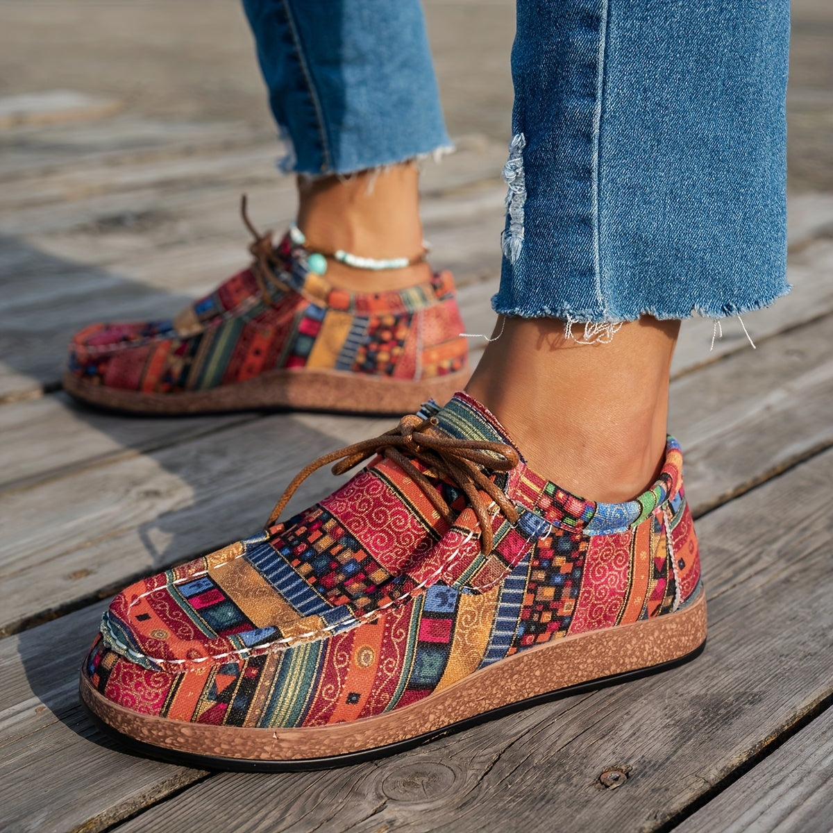 BYZI Women's Lightweight Mosaic Pattern Slip-Resistant Arch Sneakers - Vibrant Multicolor Ethnic Design (Turquoise/Pink/Orange/Blue/Black/Red/Golden/Brown) - All-Season Casual & Semi-Formal Shoes with Cushioned Insole & PU So